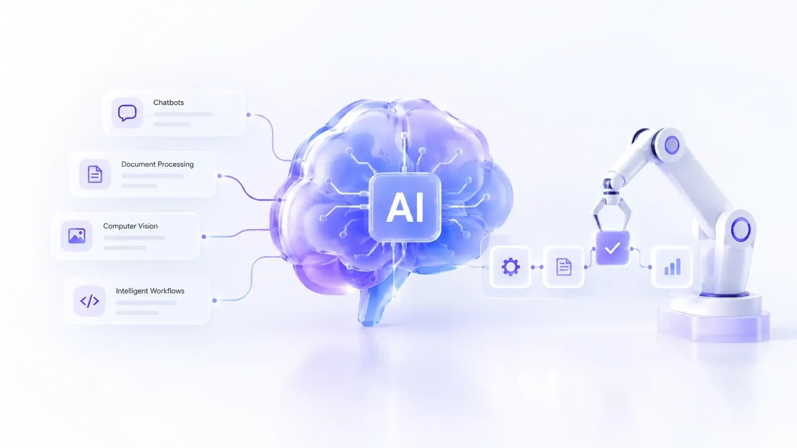 Illustration of an AI brain connected to automated workflows