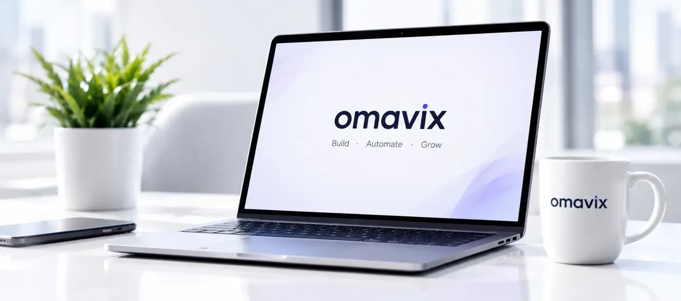 Omavix laptop and mug in a bright office
