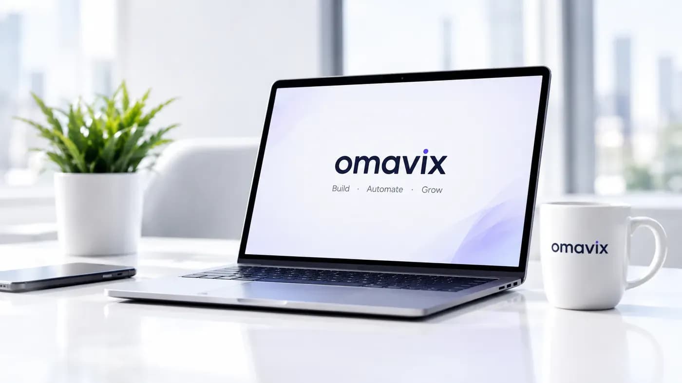 Laptop showing the Omavix logo next to an Omavix mug on a desk